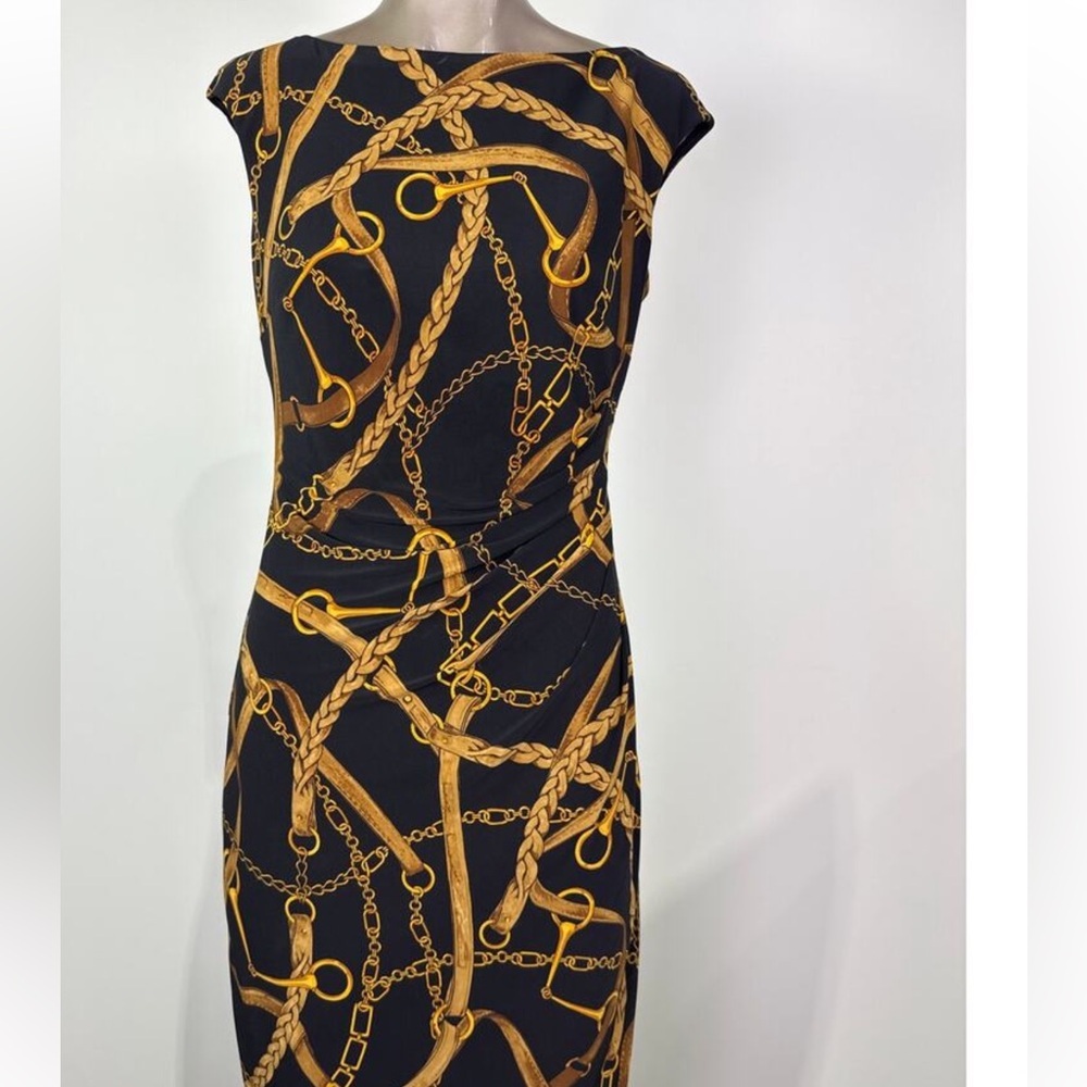 Ralph Lauren Black and Gold horse bit Chain Pattern Midi Dress equestrian size 4 - Picture 3 of 6